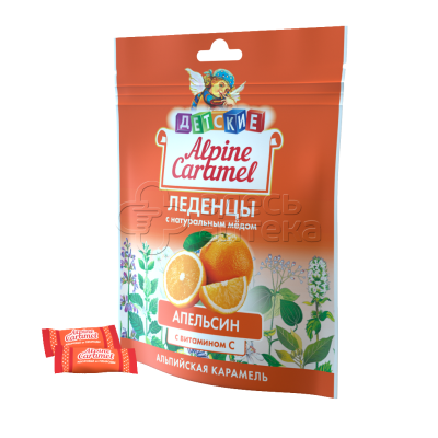 Alpine Caramel Альпийская Карамель леденцы детские с натуральным медом и витамином С вкус Апельсин пак. 75г (БАД)